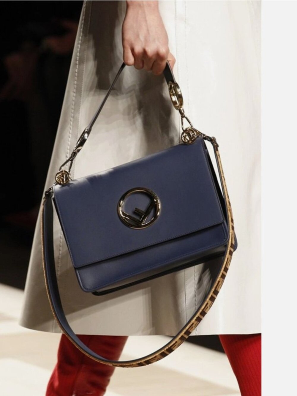 FENDI Kan I F 2 Way Shoulder Bag Calfskin Leather Navy Blue